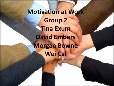 Motivation at Work Group 2 Tina Exum David Embers Morgan Bowne Wei Cai.