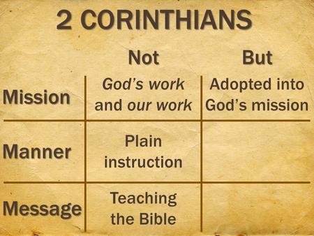 2 CORINTHIANS Mission Manner Message NotBut God’s work and our work Adopted into God’s mission Plain instruction Teaching the Bible.