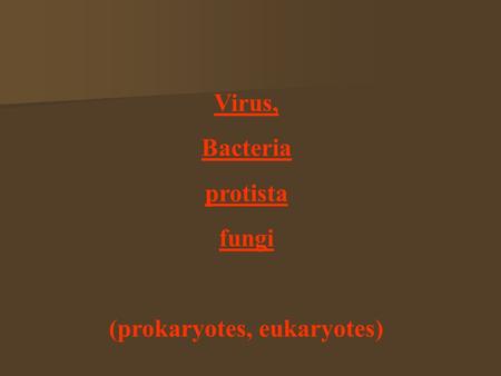 Virus, Bacteria protista fungi (prokaryotes, eukaryotes)