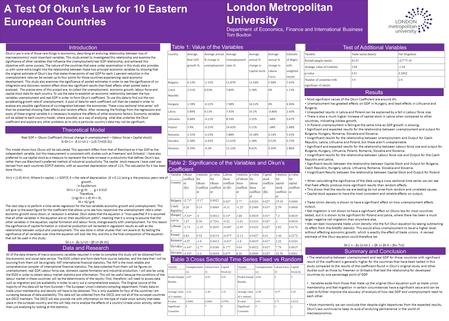 A Test Of Okun’s Law for 10 Eastern European Countries London Metropolitan University Department of Economics, Finance and International Business Tom Boulton.