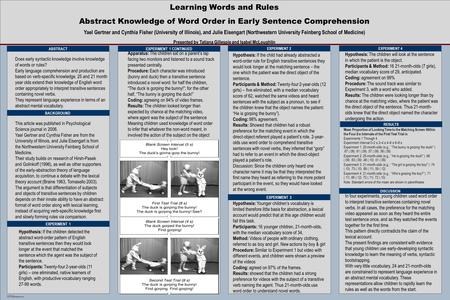 TEMPLATE DESIGN © 2008 www.PosterPresentations.com Learning Words and Rules Abstract Knowledge of Word Order in Early Sentence Comprehension Yael Gertner.