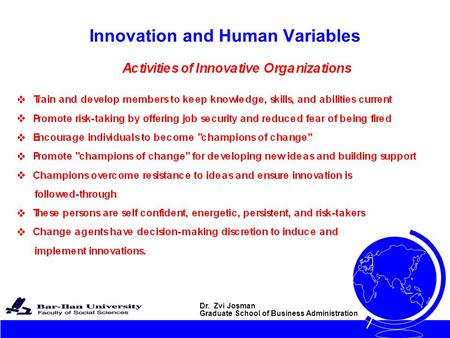 Dr. Zvi Josman Graduate School of Business Administration Innovation and Human Variables.