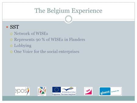 The Belgium Experience SST  Network of WISEs  Represents 90 % of WISEs in Flanders  Lobbying  One Voice for the social enterprises.