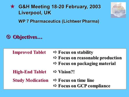 Improved Tablet  Focus on stability  Focus on reasonable production  Focus on packaging material High-End Tablet  Vision?! Study Medication  Focus.