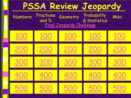 PSSA Review Jeopardy Numbers Fractions and % Geometry Probability & Statistics Misc 100 200 300 400 500 100 200 300 400 500 100 200 300 400 500 100 200.