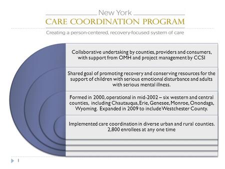 1 Collaborative undertaking by counties, providers and consumers, with support from OMH and project management by CCSI Shared goal of promoting recovery.