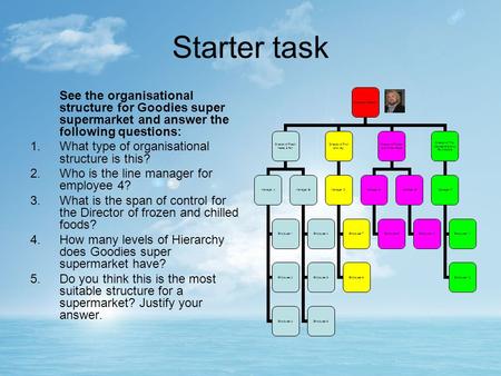 Starter task See the organisational structure for Goodies super supermarket and answer the following questions: 1.What type of organisational structure.