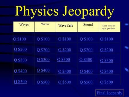 Physics Jeopardy Waves Wave Calc Sound Extra credit on quiz questions Q $100 Q $200 Q $300 Q $400 Q $500 Q $100 Q $200 Q $300 Q $400 Q $500 Final Jeopardy.