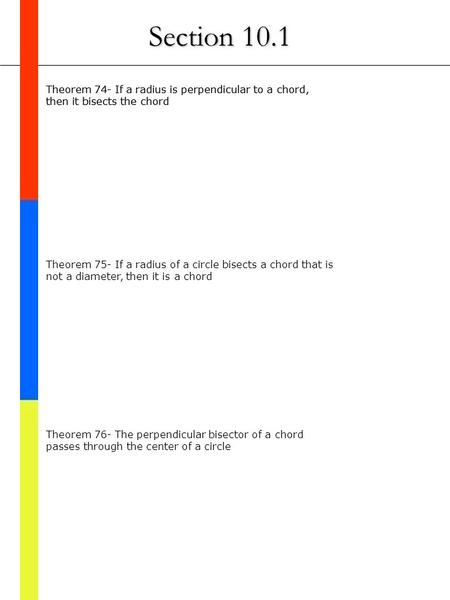 Section 10.1 Theorem 74- If a radius is perpendicular to a chord, then it bisects the chord Theorem 74- If a radius is perpendicular to a chord, then it.