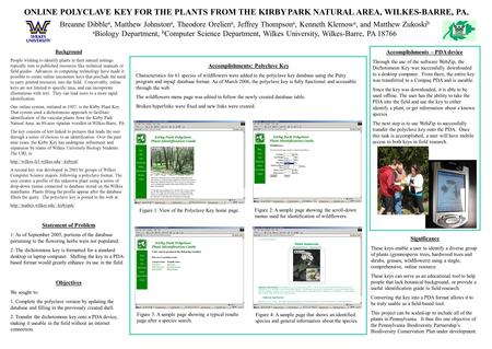 ONLINE POLYCLAVE KEY FOR THE PLANTS FROM THE KIRBY PARK NATURAL AREA, WILKES-BARRE, PA. Breanne Dibble a, Matthew Johnston a, Theodore Orelien a, Jeffrey.