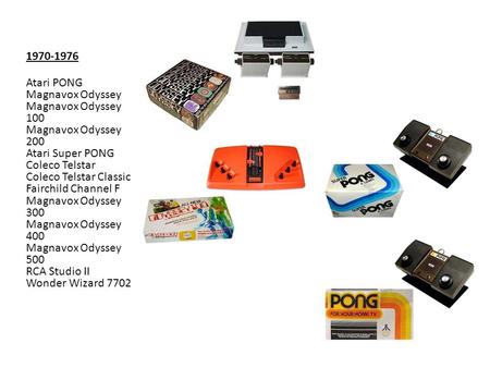 1970-1976 Atari PONG Magnavox Odyssey Magnavox Odyssey 100 Magnavox Odyssey 200 Atari Super PONG Coleco Telstar Coleco Telstar Classic Fairchild Channel.