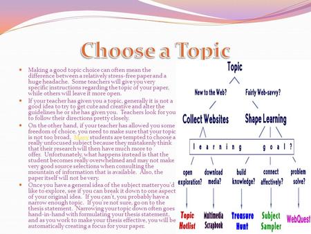 Making a good topic choice can often mean the difference between a relatively stress-free paper and a huge headache. Some teachers will give you very.