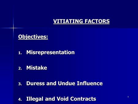 VITIATING FACTORS Objectives: Misrepresentation Mistake