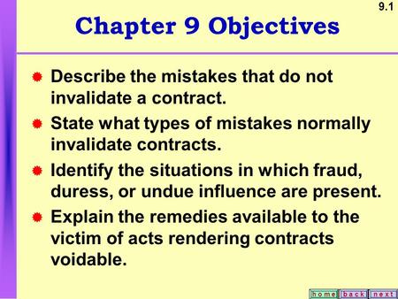 9.1 b a c kn e x t h o m e Chapter 9 Objectives  Describe the mistakes that do not invalidate a contract.  State what types of mistakes normally invalidate.