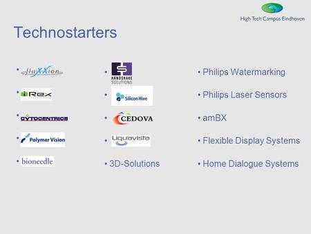 Technostarters Philips Watermarking Philips Laser Sensors amBX Flexible Display Systems Home Dialogue Systems 3D-Solutions.