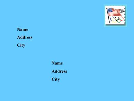 Name Address City Name Address City. Miss C. Cochran 123 Oak Street Gulfport, MS 39503 Mr. James Cater 456 Red Rebel Way Harrison, MS 39202.