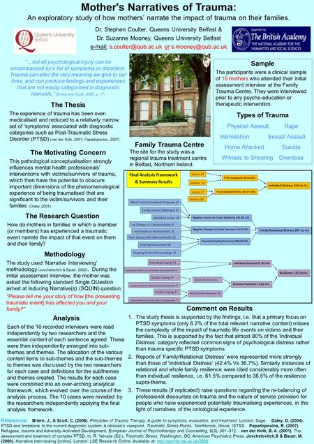 Mother's Narratives of Trauma: An exploratory study of how mothers’ narrate the impact of trauma on their families. Dr. Stephen Coulter, Queens University.