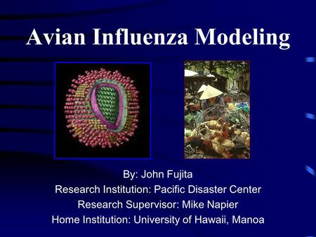 Avian Influenza Modeling By: John Fujita Research Institution: Pacific Disaster Center Research Supervisor: Mike Napier Home Institution: University of.