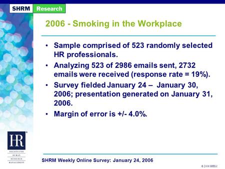 © 2006 SHRM SHRM Weekly Online Survey: January 24, 2006 2006 - Smoking in the Workplace Sample comprised of 523 randomly selected HR professionals. Analyzing.