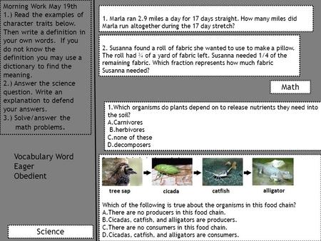 Math Vocabulary Word Eager Obedient Science Morning Work May 19th