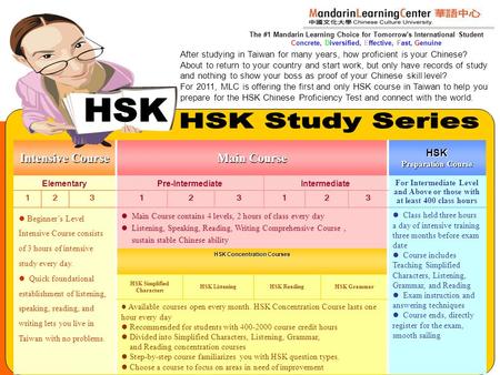 MLC 文大華語 Intensive Course Main Course HSK Preparation Course ElementaryPre-IntermediateIntermediate For Intermediate Level and Above or those with at least.