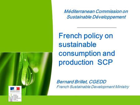 1 Méditerranean Commission on Sustainable Développement Commissariat Général au Développement durable Bernard Brillet, CGEDD French Sustainable Development.