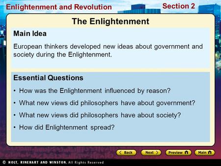 The Enlightenment Main Idea Essential Questions