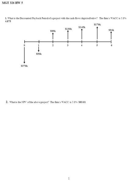 MGT 326 HW 5 1. What is the Discounted Payback Period of a project with the cash flows depicted below? The firm’s WACC is 5.8% 4.875 $170k $145k $130k.