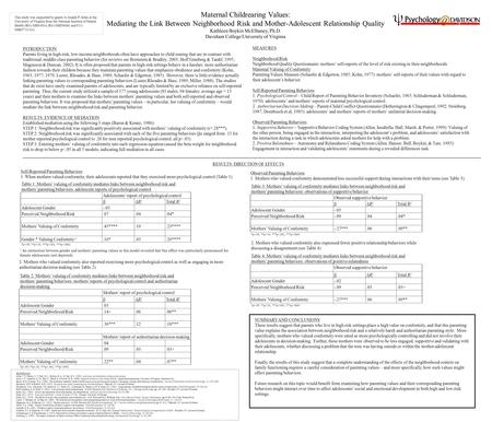 Maternal Childrearing Values: Mediating the Link Between Neighborhood Risk and Mother-Adolescent Relationship Quality Kathleen Boykin McElhaney, Ph.D.