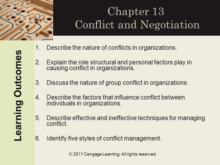 © 2011 Cengage Learning. All rights reserved. Chapter 13 Conflict and Negotiation Learning Outcomes 1.Describe the nature of conflicts in organizations.