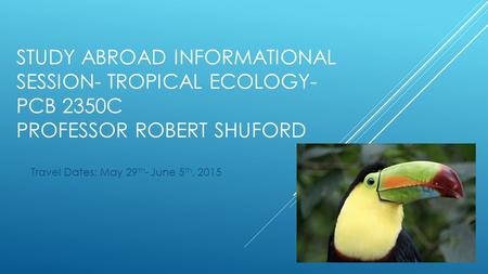 STUDY ABROAD INFORMATIONAL SESSION- TROPICAL ECOLOGY- PCB 2350C PROFESSOR ROBERT SHUFORD Travel Dates: May 29 th - June 5 th, 2015.