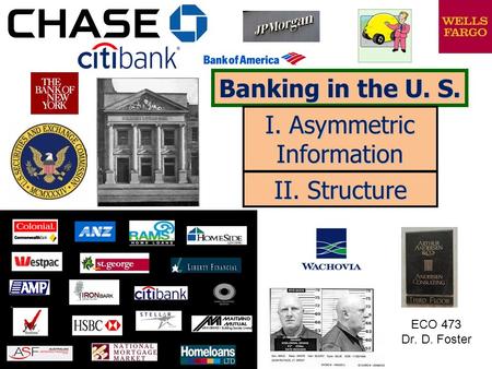 Banking in the U. S. ECO 473 Dr. D. Foster I. Asymmetric Information II. Structure.