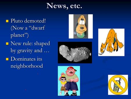 News, etc. Pluto demoted! (Now a “dwarf planet”) Pluto demoted! (Now a “dwarf planet”) New rule: shaped by gravity and … New rule: shaped by gravity and.