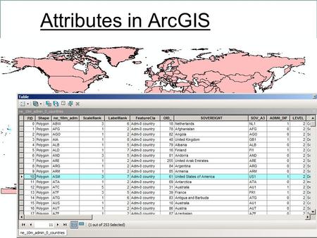 Attributes in ArcGIS. ArcGIS Attributes FID – ESRI’s internal identifier Shape – Actual spatial data.