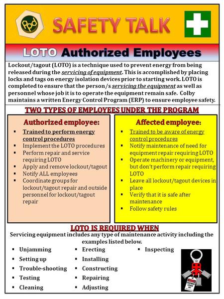 Lockout/tagout (LOTO) is a technique used to prevent energy from being released during the servicing of equipment. This is accomplished by placing locks.