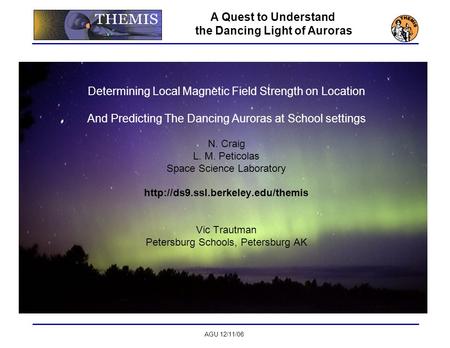 AGU 12/11/06 Determining Local Magnetic Field Strength on Location And Predicting The Dancing Auroras at School settings N. Craig L. M. Peticolas Space.