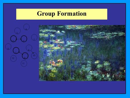 1 2 3 4 5 6 7 8 9 11 12 10 Group Formation. The Impressionists Henri Fantin-Latour’s A Studio at Batignolles featuring Manet (seated), Renoir (framed),