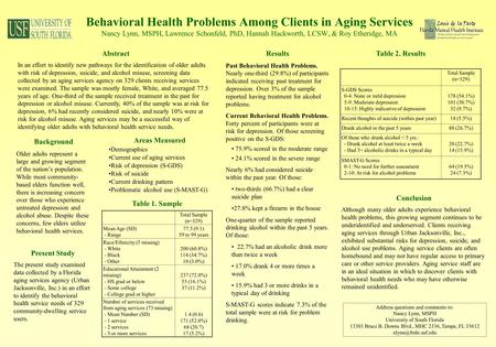 Behavioral Health Problems Among Clients in Aging Services Nancy Lynn, MSPH, Lawrence Schonfeld, PhD, Hannah Hackworth, LCSW, & Roy Etheridge, MA Total.