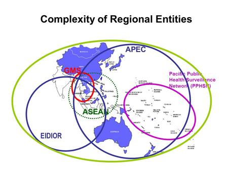 GMS Pacific Public Health Surveillance Network (PPHSN) ASEAN APEC EIDIOR Complexity of Regional Entities.