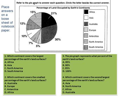 1 1. Which continent covers the largest percentage of the earth’s land surfaces? A. Africa B. Asia C. North America D. South America 2. Which continent.