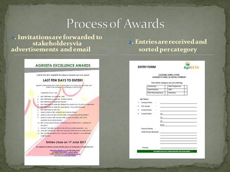 1. Invitations are forwarded to stakeholders via advertisements and email 2. Entries are received and sorted per category.