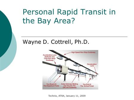 Technix, ATRA, January 11, 2009 Personal Rapid Transit in the Bay Area? Wayne D. Cottrell, Ph.D.