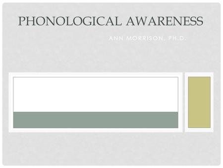 ANN MORRISON, PH.D. PHONOLOGICAL AWARENESS. Is an umbrella term over the following: Listening for sounds Rhyming Syllabication Phonemic awareness – phonemic.