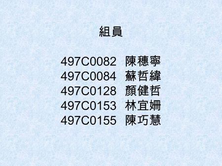 組員 497C0082 陳穗寧 497C0084 蘇哲緯 497C0128 顏健哲 497C0153 林宜姍 497C0155 陳巧慧.