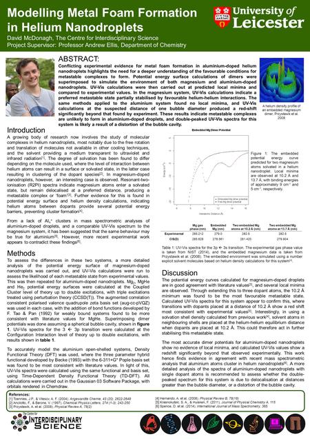 Modelling Metal Foam Formation in Helium Nanodroplets David McDonagh, The Centre for Interdisciplinary Science Project Supervisor: Professor Andrew Ellis,