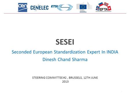 1 SESEI Seconded European Standardization Expert In INDIA Dinesh Chand Sharma STEERING COMMITTEE #2, BRUSSELS, 12TH JUNE 2013.