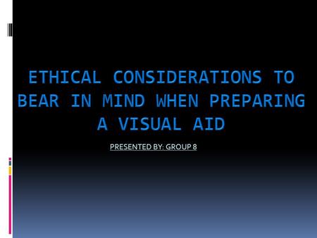 PRESENTED BY: GROUP 8. VISUAL AIDS This is any of the various materials depending on the sense of sight such as films, slides, photographs, etc.