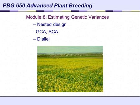 Module 8: Estimating Genetic Variances Nested design GCA, SCA Diallel