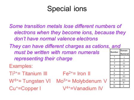 Special ions Some transition metals lose different numbers of electrons when they become ions, because they don’t have normal valence electrons They can.