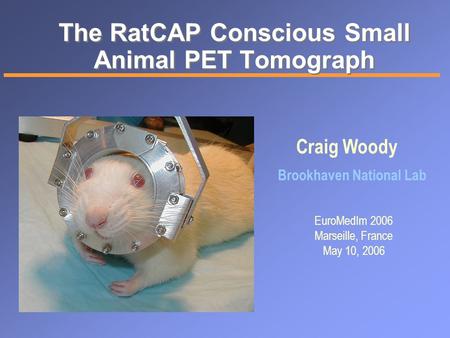 The RatCAP Conscious Small Animal PET Tomograph Craig Woody Brookhaven National Lab EuroMedIm 2006 Marseille, France May 10, 2006.